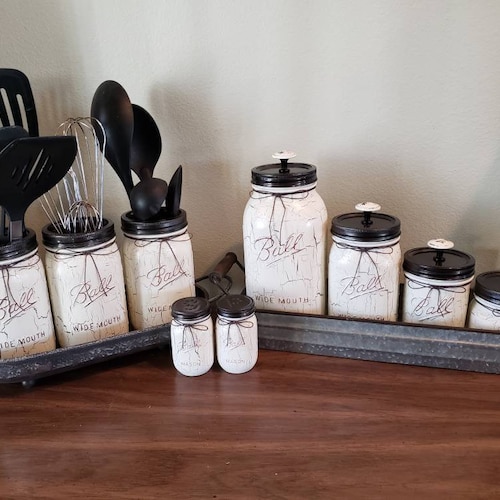 Mason Jar Kitchen Canisters Set Utensil Holder Salt and Etsy