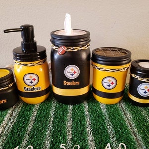 Mason jar Pittsburgh Steelers football bathroom or office set.