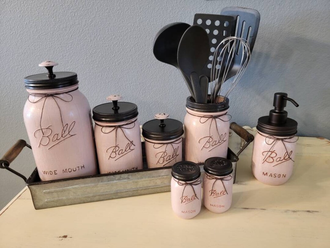 Pink Kitchen Canisters, Salt Pepper Shakers, Rustic Kitchen, Farmhouse