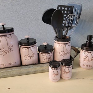 Pink kitchen canisters, salt  pepper shakers,  rustic kitchen, farmhouse, Mason jars.