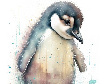 Baby  penguin, blue penguin, baby penguin art, penguin watercolor, baby room wall art, baby animal print, nursery wall art, penguin, 134