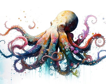 Watercolor Octopus Art Print: Nautical Bathroom Wall Decor