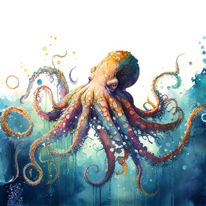 Akwarelowy wydruk artystyczny z ośmiornicą: ilustracja zwierzęcia oceanicznego