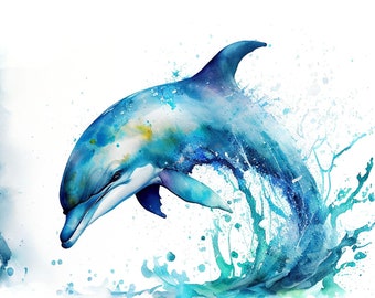 dolphin watercolor painting, dolphin art, ocean animals,