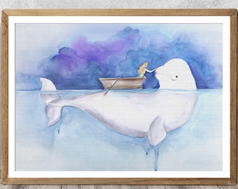 Beluga Whale Watercolor Painting: Signed Art Print, Nursery Decor