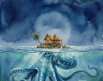 Octopus Watercolor Art Whimsical Nursery Wall Print