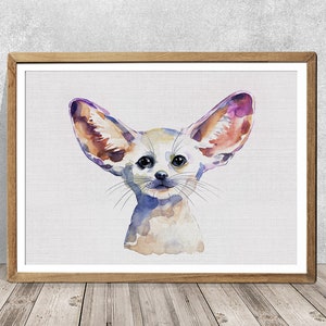 May include: Watercolor painting of a fennec fox with large ears, a white coat, and brown eyes. The fox is looking directly at the viewer.