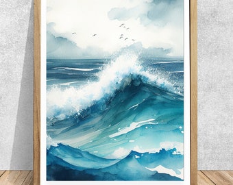 Puede incluir: Pintura a la acuarela de una ola oceánica rompiendo en tonos azules y turquesas. La obra de arte está enmarcada en un marco de madera marrón claro. El cielo está nublado con algunos pájaros volando sobre la ola.