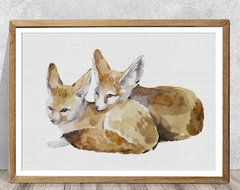 Stampa artistica ad acquerello di Fennec Fox: decorazione murale firmata con animale