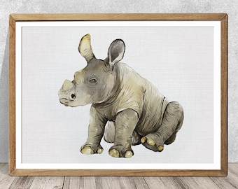 Baby Rhino Watercolor Art Print, Safari Nursery Wall Decor