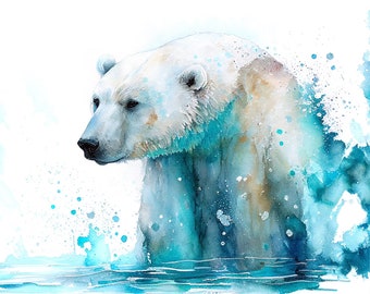 Watercolor polar bear, watercolor painting, blue art, animal art, animal painting, art print, art, painting, Bear drawing, 173