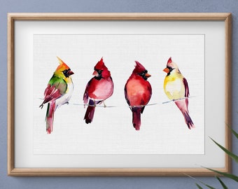 bird art print,  tree bird watercolor,  bird watercolor, cardinal print, northern cardinal print, red cardinal, red cardinal bird, bird art