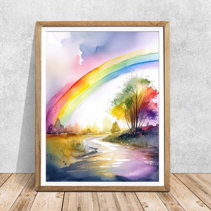 Rainbow painting, landscape art, landscape painting rainbow art,