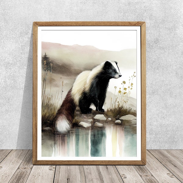 Skunk art print, Skunk watercolor print, Skunk wall art, Watercolor skunk, Woodland animal art, Nursery art, kids room art, Wildlife animal