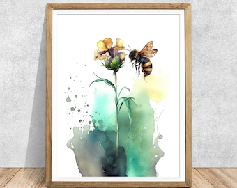 Può includere: Un dipinto ad acquerello di un'ape che impollina un fiore giallo. Lo sfondo è un lavaggio morbido di verde e blu.