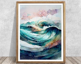 Ocean print, Watercolor wave print, Ocean wave, Turquoise wave print, wave painting, Watercolor painting, Ocean art, Wave art, wall art