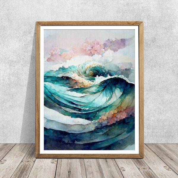 Ocean print, Watercolor wave print, Ocean wave, Turquoise wave print, wave painting, Watercolor painting, Ocean art, Wave art, wall art