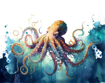 Watercolor octopus art, Ocean animals, Ocean print, Watercolor art, OCTOPUS in ocean, gift for him, gift for dad25