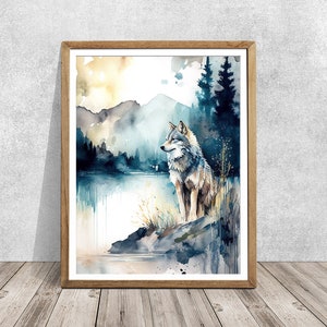 Arte de lobo, arte florestal, impressão de lobo, aquarela de floresta, aquarela de lobo, presente para amante de lobo, pintura de animais, pintura de vida selvagem, presente