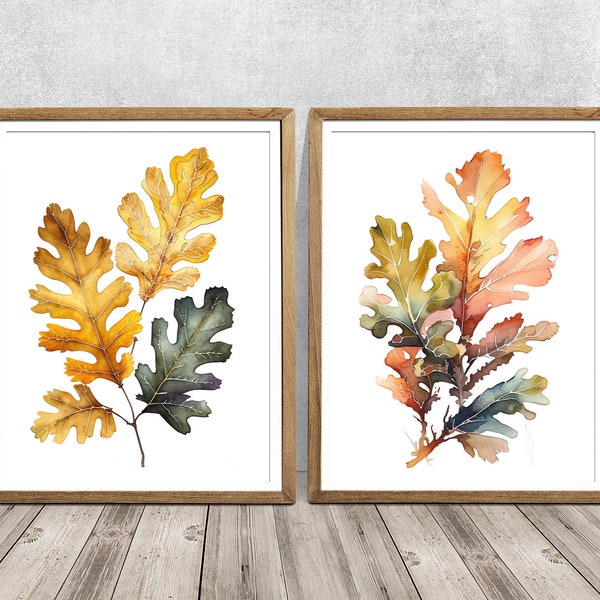 Oak leaf, orange leaf, OAK, Oak leaf painting, watercolor oak, oak leaf art, oak  watercolor art, hallway prints, SET of 2, Set print