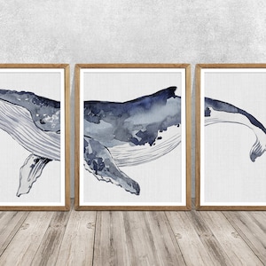 Humpback whale Humpback whale art SET OF 3 Humpback whale print Whale wall art Whale art print Watercolor whale Dining room wall art