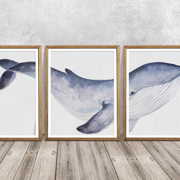 Blue whale print set, bedroom wall art, housewarming gift, blue whale for kids room, blue whale art, watercolor blue whale