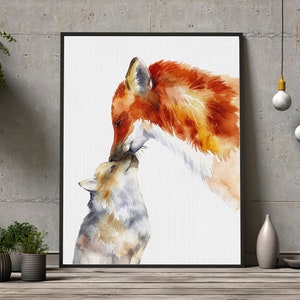 Watercolor Fox Print: Mother and Baby, Nursery Wall Art