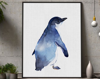 Impresión de acuarela de pingüino azul: arte mural para habitación de bebé