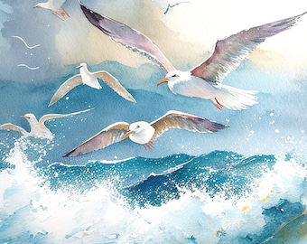 Seagull Watercolor Art Print: Signed Bird Painting