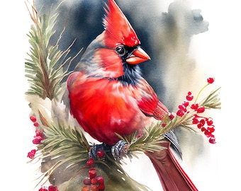 Cardinal rouge, Oiseau cardinal, Impression cardinale rouge, Cardinal rouge aquarelle, Oiseau rouge, Oiseau cardinal rouge, Aquarelle art oiseau, Impression oiseau rouge