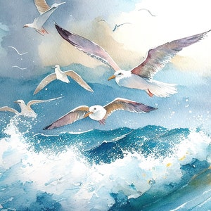 Seagull, Seagull wall art, Seagull drawing, Watercolor seagull, Bird art, Seagull painting