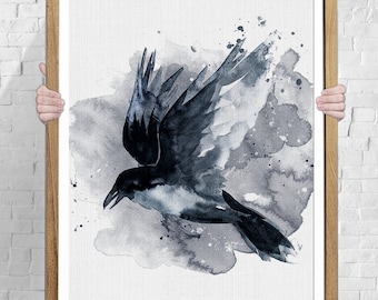 crow, black crow, black bird, crow print art, watercolor crow, crow print bird, crow art print, Mystery crow art, Black print, Bird wall art