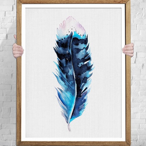 Printable Feather Wall Art Feather Wall Decor Blue Feather Etsy