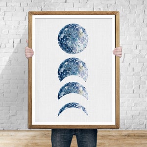 Jasnoniebieskie fazy księżyca, wydruk artystyczny: podpisany giclee