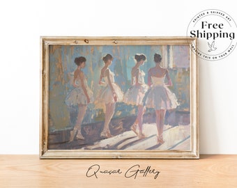 May include: A framed painting of four ballerinas in white tutus, standing in a studio setting. The painting is done in a realistic style with soft colors and brushstrokes. The ballerinas are positioned in a line, facing the viewer. The painting is framed in a simple, gold-colored frame.
