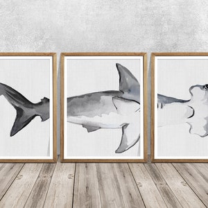 Hammerhead shark, hammerhead shark print, watercolor hammerhead shark, Nursery wall art, Nursery print set, Baby boy wall decor