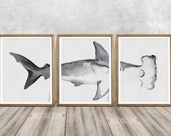 May include: A set of three watercolor paintings depicting a hammerhead shark. The paintings are framed in natural wood frames and feature a white background.