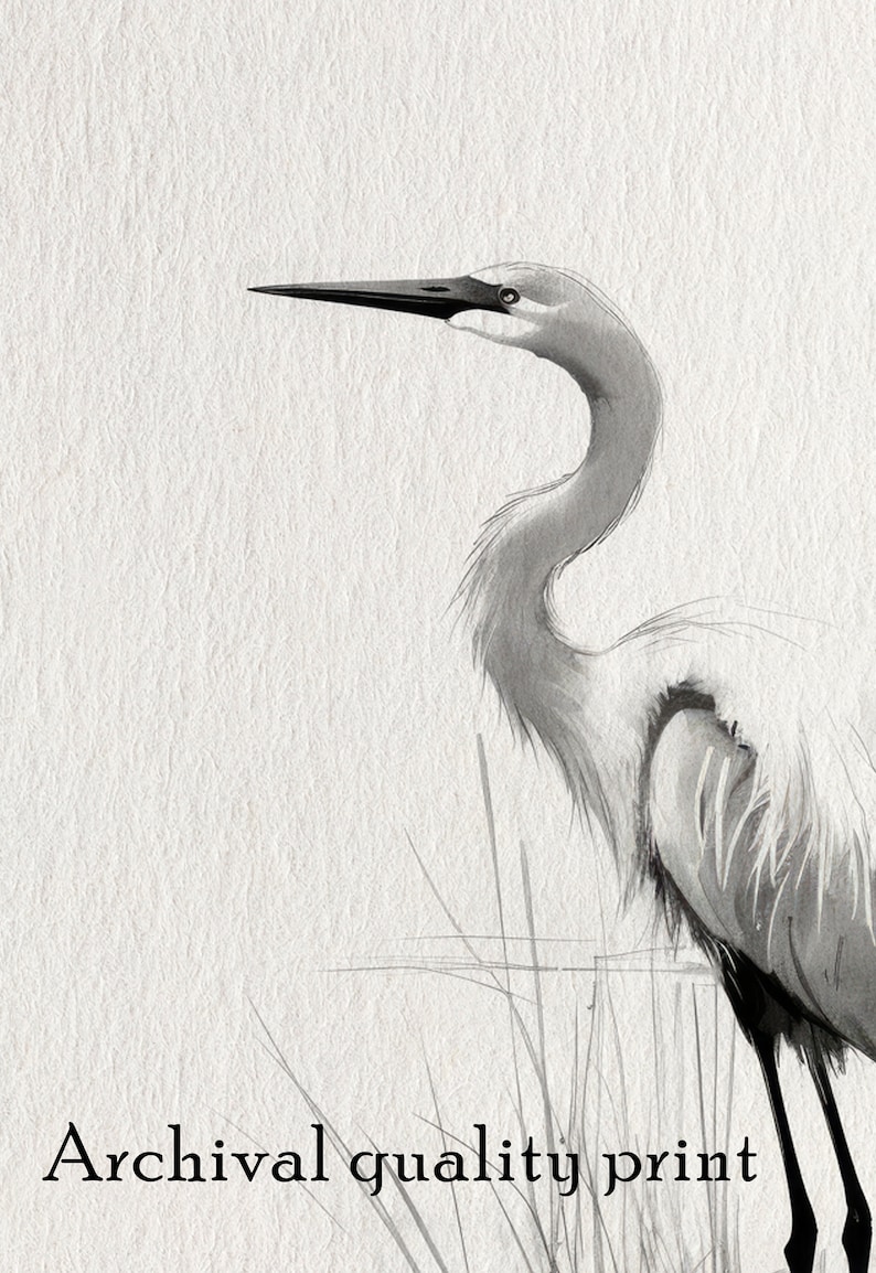 May include: Black and white watercolor painting of a great egret standing in tall grass. The bird is facing to the left and has its head turned to the right. The text "Archival quality print" is at the bottom of the image.