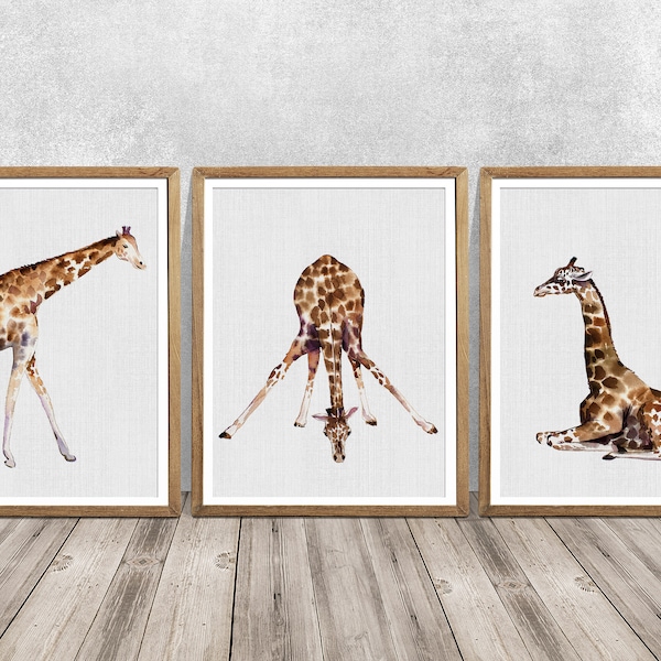 Giraffe Watercolor Art Print Set of 3, Nursery Decor