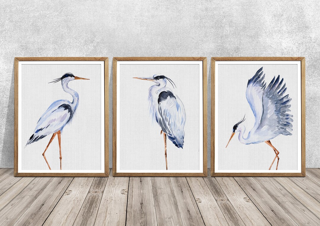 Blue Heron Wall Art, Heron Print Set of 3, Set Wall Art, HERON, Blue
