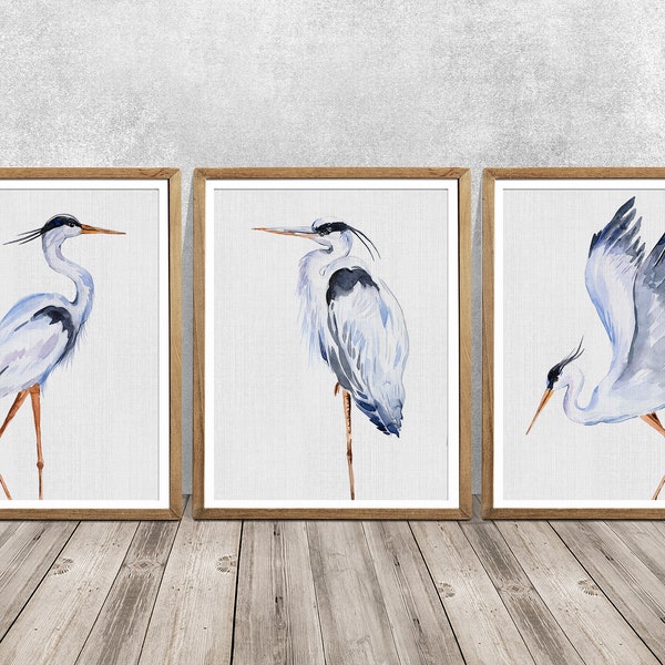 Heron art, Baby room print set, Bird print set, Bird painting set for baby room, Bedroom wall art, Print set of 3, Print set for dining room