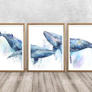 Walvissen kunst, walvis, walvis print set van 3, bultrug print set, kunst aan de muur badkamer, kunst aan de muur slaapkamer, kinderkamer muur print set, walvis set