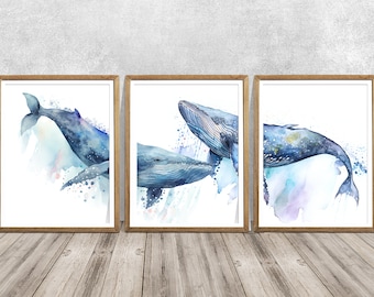 Humpback Whale Print Set: Watercolor Nursery Wall Art