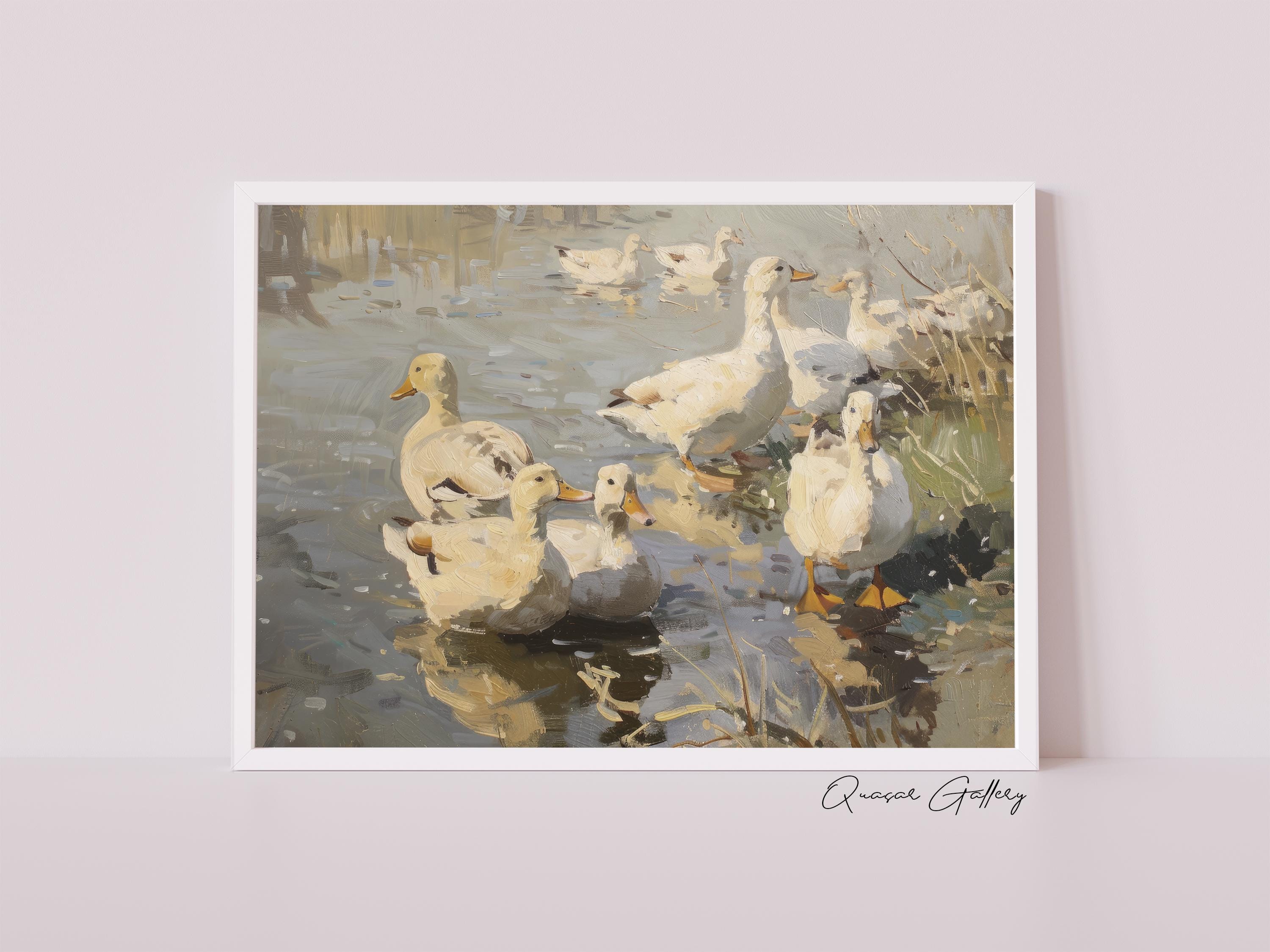 アヒルの絵画アートプリント：湖の野生動物の風景 - Etsy 日本 白鳥とアヒルの現代アート絵画
