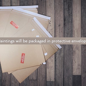 May include: Multiple brown paper envelopes with white tape and "Do Not Bend" labels. Paintings will be packaged in protective envelope.