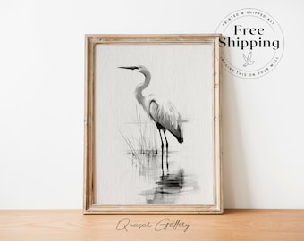 Minimalist Bird Painting, Monochrome Art, Black And White Painting, Calm Nature Scene, Watercolor Illustration,