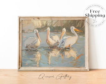Impresión artística de pintura al óleo de pelícano: decoración de casa de playa costera