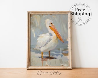 Coastal home decor, CANVAS ANIMALS ART, Pelican art, Seabird painting, Coastal cottage charm, Vintage Bird Nursery Art, Bathroom Art Print