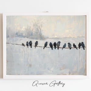 May include: A framed painting depicts a row of birds perched on a wire against a muted, snowy landscape. The birds are various shades of gray and black, with a few lighter-colored birds mixed in. The artwork is signed "Quasal Gallery" in the bottom corner.