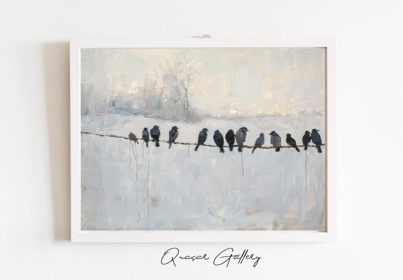 May include: A framed painting depicts a row of birds perched on a wire against a muted, snowy landscape. The birds are various shades of gray and black, with a few lighter-colored birds mixed in. The artwork is signed "Quasal Gallery" in the bottom corner.